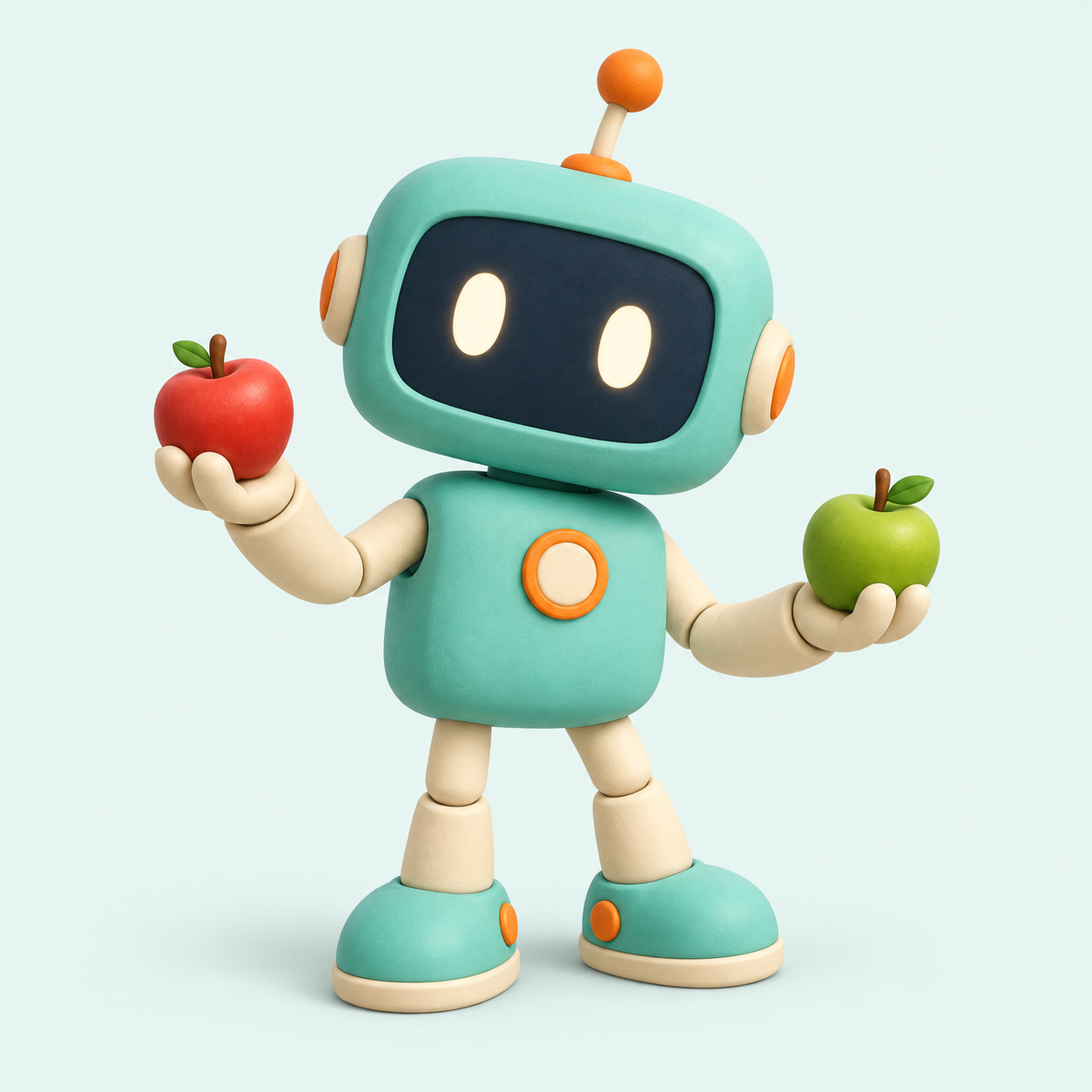Pico, il robot color menta, presenta una mela rossa e una verde
